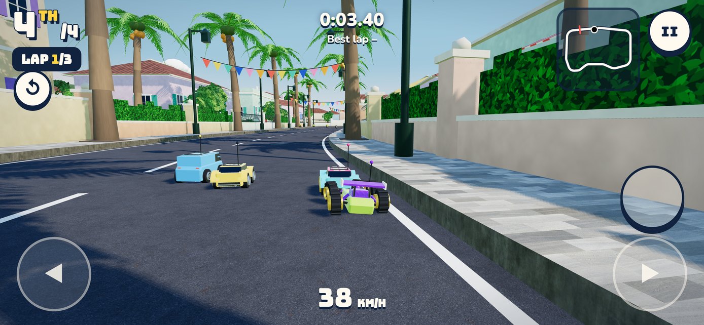 A red RC buggy racing along a seaside avenue lined with villas and palm trees
